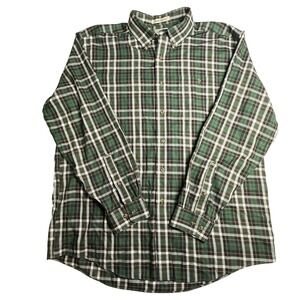 LL Bean Mens Green Plaid Merino Wool Cotton Wrinkle Resistant Shirt L